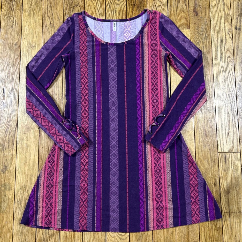 Mudd Dress Size S Soft Purple Pink Geometric‎ Print Long Sleeve Lace Up Detail